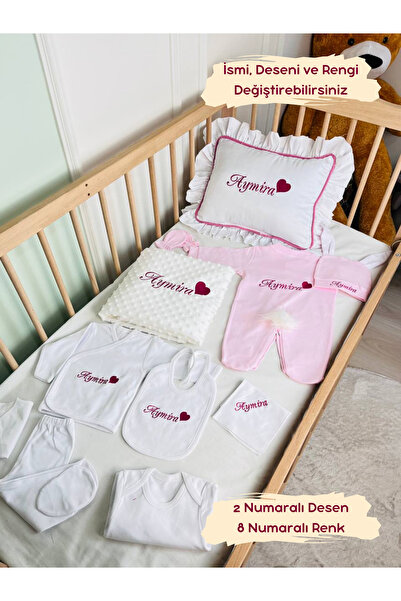 KARSU TASARIM Nakışlı İsme Özel Hastane Çıkış Seti, Takı Yastığı ve Puset Ört...