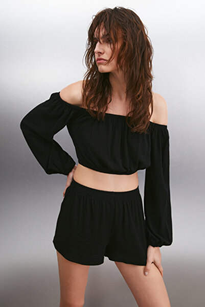 ETHIQUET EULITH Kadın Beli kalın Lastikli Kısa Siyah Şort