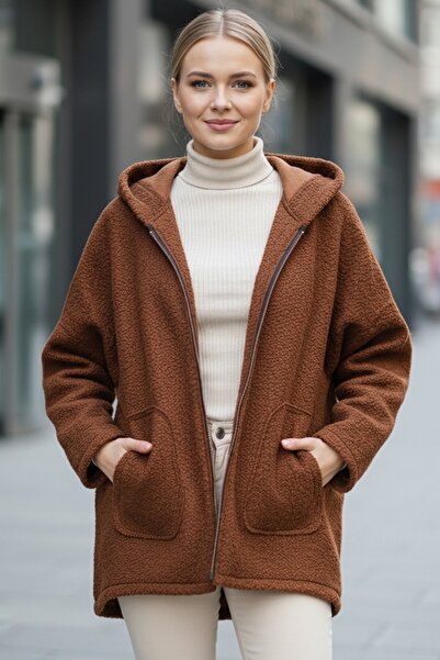 Chiccy Italian Cinnamon Color K Hooded Long Sleeve Casual Boucle O Oversized Woven Jacket with Zipper Pockets 75 80