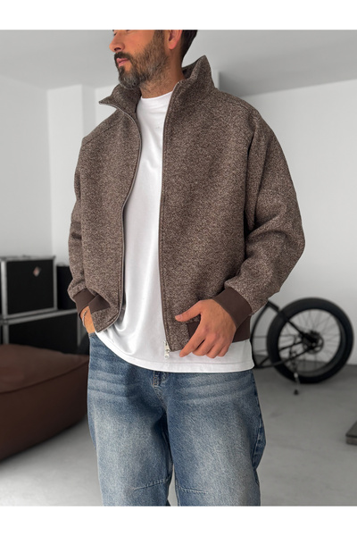 BYBASICMAN Brown Zippered Distressed Bomber Jacket Jj-175