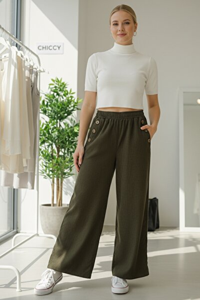 Chiccy Italian Khaki Pocketed Elastic Waist Wide Leg Slim Fi Corded Fabric Adife Woven Trousers 100 62