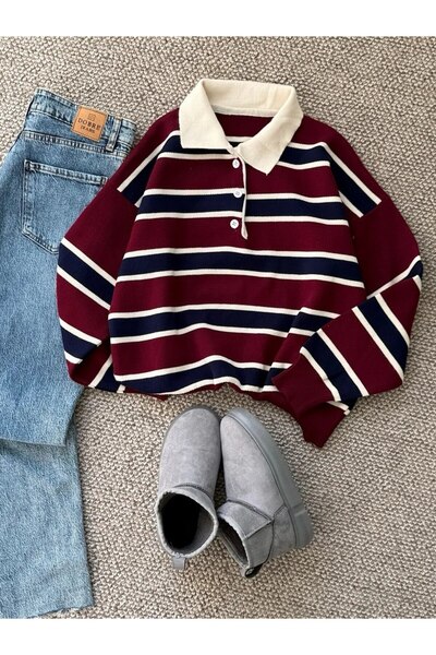 Butik kadın polo yaka düğme detaylı çizgili triko kazak