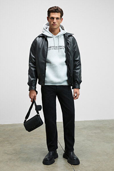 GRIMELANGE Cornelius Men's Grimelange Sweatshirt with Kangaroo Pocket on the Front and Sleeves Printed Hooded Corduroy