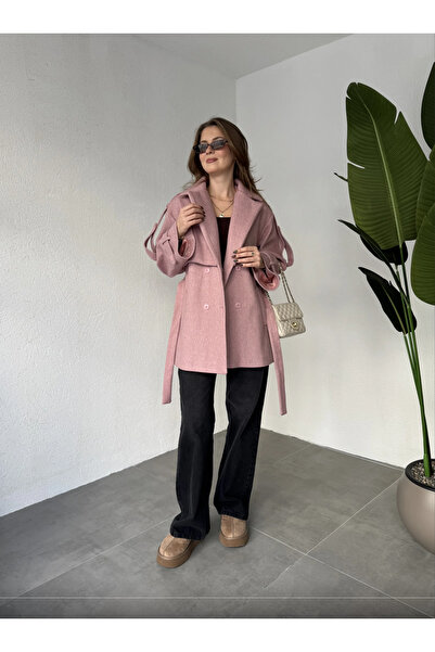 ELAYF Kadın Pembe Kruvaze Oversize Astarlı Kuşaklı Kaşe Kaban