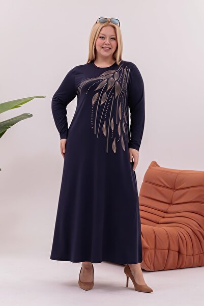 Siyezen Plus Size Leaf Printed Flared Dress