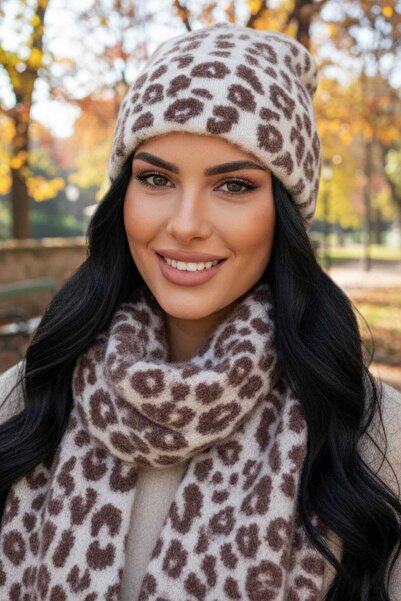 Trenderrs Women's Premium Leopard Patterned Scarf Beanie Set of 2