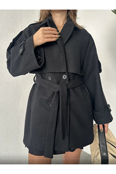 ELAYF معطف نسائي أسود بأزرار على الجهتين قصة فضفاضة مبطن بحزام من الكاش مايوه