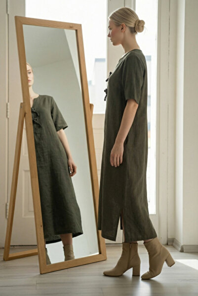 Chiccy Italian Khaki Buttoned 3/4 Sleeve Hidden Pocket Y Slit Slim Fi Corded Fabric Adife Long Woven Dress 120 55