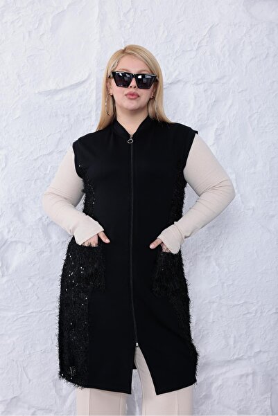 Siyezen Plus Size Bearded Sequin Embroidered Vest