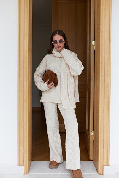 GALAVİP Women's Premium Soft Textured Scarf Hair Braided Knitwear Trouser Set