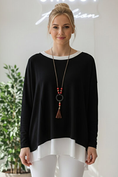 Chiccy Italian Black Boat Neck Long Sleeve Two-Piece Set with Necklace Casual Ov Oversized Riko Blouse 71 71