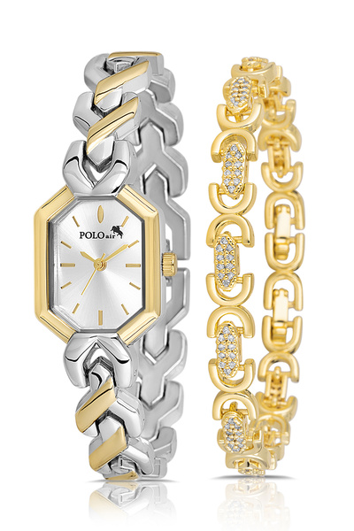 Polo Air ساعة يد نسائية عتيقة الطراز، سوار بيضاوي الشكل، مزيج من اللونين الذهبي والفضي PL-1564B3