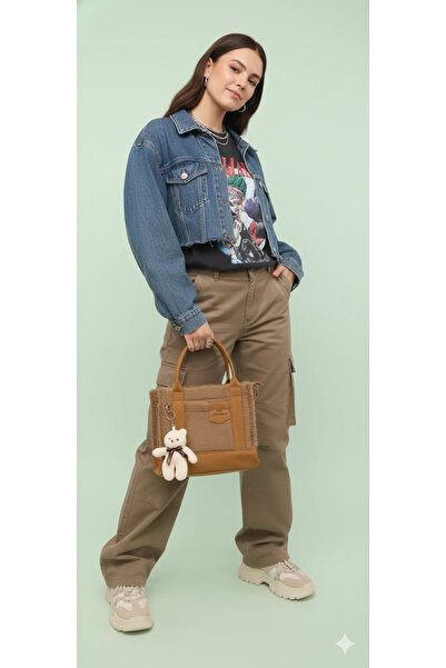 cemo Furry Mini Tote Bag with Fur Detail and Teddy Bear