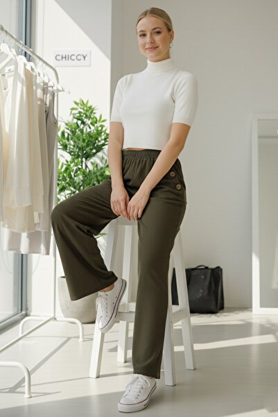 Chiccy Italian Khaki Pocketed Elastic Waist Wide Leg Slim Fi Corded Fabric Adife Woven Trousers 100 62