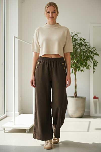 Chiccy Italian Brown Pocketed Elastic Waist Wide Leg Slim Fi Corded Fabric Adife Woven Trousers 100 62