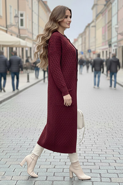 benguen Patterned Long Knit Cardigan with Pockets R4278 Burgundy