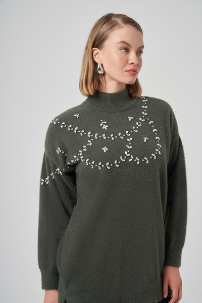 Nuss Stone Detail Angora Sweater Tunic 7002 Khaki