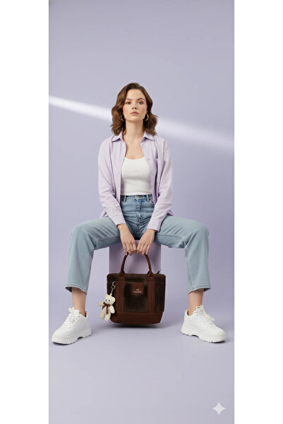 cemo Kürk Detaylı ve Teddy Ayıcıklı Tüylü Mini Tote Çanta