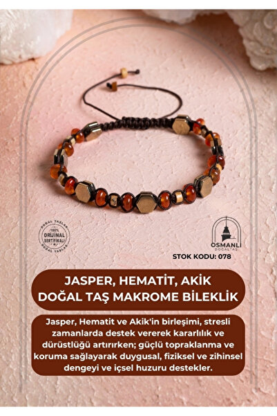 OSMANLI DOĞAL TAŞ Certified Jasper, Hematite, Agate Natural Stone Macrame Bracelet (Sk:078)