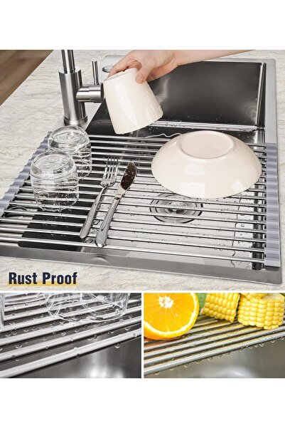Generic Roll Up Dish Drying Rack Over Sink Drying Rack Sink Cover Kitchen Sink Accessories Grey 21" x 15.5"