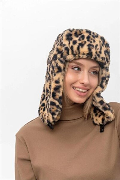 Neşeli Butik Women's Furry Earmuff Leopard Print Pilot Hat Nbaks010