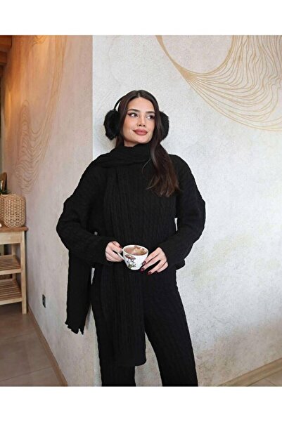 GALAVİP Women's Premium Soft Textured Scarf Hair Braided Knitwear Trouser Set