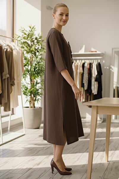 Chiccy Italian Brown Buttoned 3/4 Sleeve Y Slit Slim Fi Corded Fabric Adife Long Woven Dress 120 55