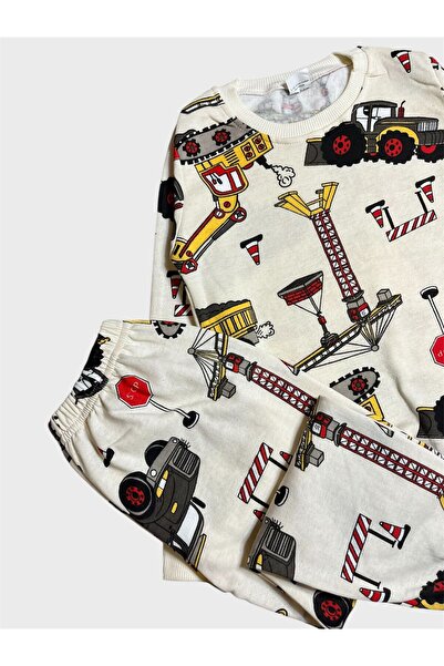 ALİŞ KİDS Boys' Cotton Fleece-Lined Cream-Colored Workwear Patterned Long-Sleeved Winter Pajama Set