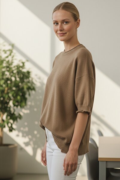 Chiccy Italian Milk Brown Crew Neck Short Sleeve Acrylic Wide Cut O Oversized Knitwear Sweater 73 65