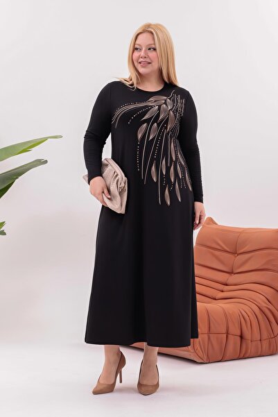 Siyezen Plus Size Leaf Printed Flared Dress