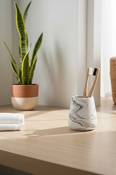 betonmall 4 Piece Marble Patterned Concrete Bathroom Set |   Soap Dish Toothbrush Holder Tray Modern Decor