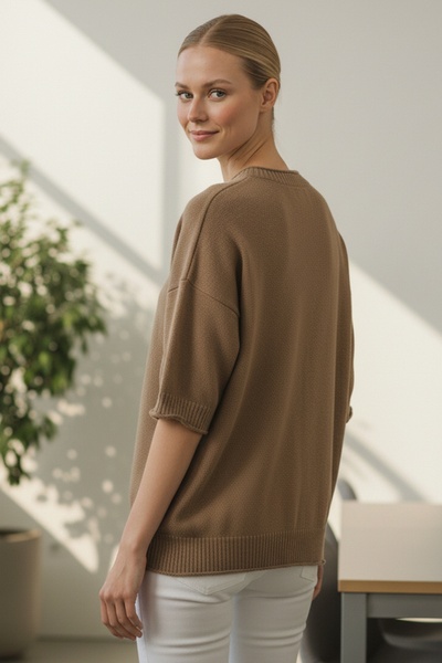 Chiccy Italian Milk Brown Crew Neck Short Sleeve Acrylic Wide Cut O Oversized Knitwear Sweater 73 65