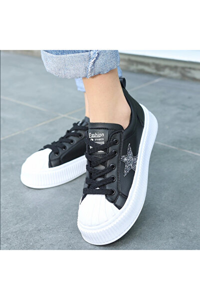 ALFA AKSESUAR 03 Piata Black Skin White Sole Lace Up Sneakers