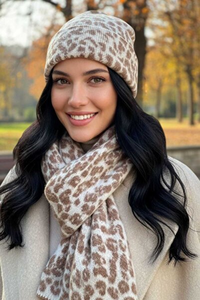 Trenderrs Women's Premium Leopard Patterned Scarf Beanie Set of 2