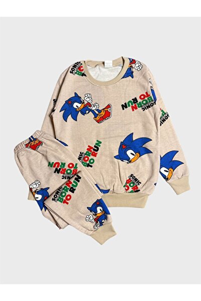 ALİŞ KİDS Boy's Cotton Fleece-Lined Beige Color Sonic Patterned Long Sleeve Winter Pajamas Set
