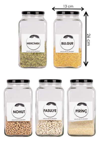 mafa home 5-Piece Kitchen Legume Storage Jar Chickpeas, Lentils, Rice, Bulgur, Beans 3Lt Black Metal Lid