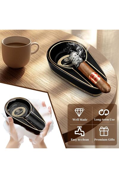 The Bros CLZOONG Cigar Ashtray and Cigar Cutter, Ceramic Table Ashtray (Black)