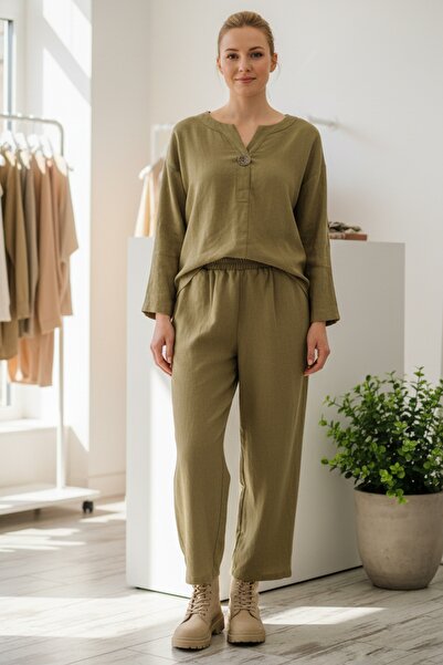 Chiccy Italian Mustard Long Sleeve Elastic Waist Slim Fi Corded Fabric Adife Woven Bottom Top Set 67/64 103/58