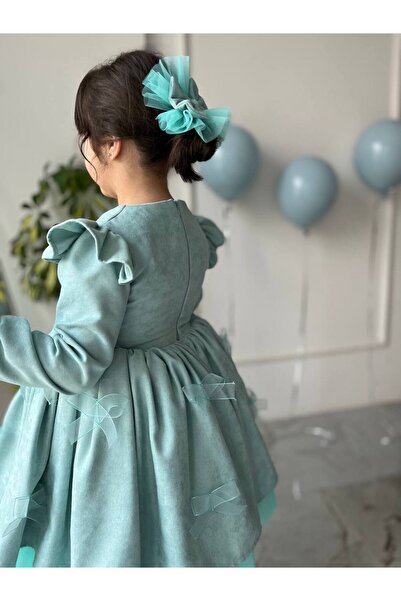 Sare Çocuk Giyim Girl's Turquoise Puffy Bow Detailed Long Sleeve Velvet Dress + Buckle