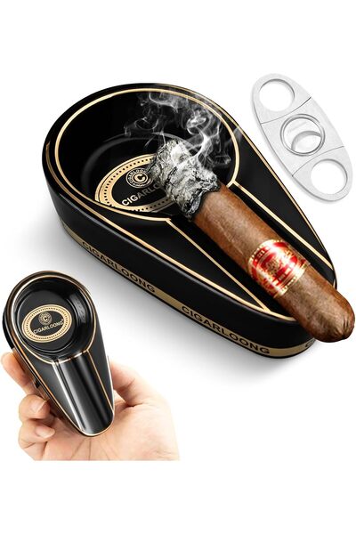 The Bros CLZOONG Cigar Ashtray and Cigar Cutter, Ceramic Table Ashtray (Black)