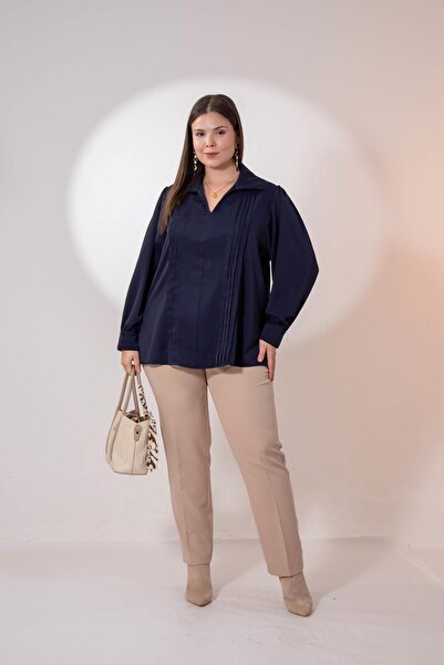 Roxxlen 1212089 Γυναικεία μπλούζα με πιέτες μεγάλου μεγέθους Ναυτικό μπλε