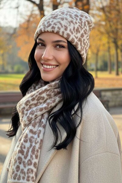 Trenderrs Women's Premium Leopard Patterned Scarf Beanie Set of 2