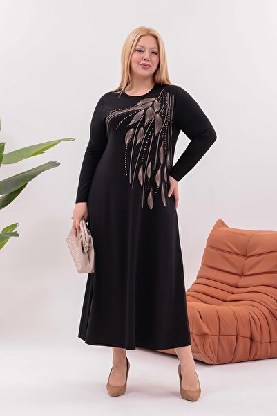 Siyezen Plus Size Leaf Printed Flared Dress