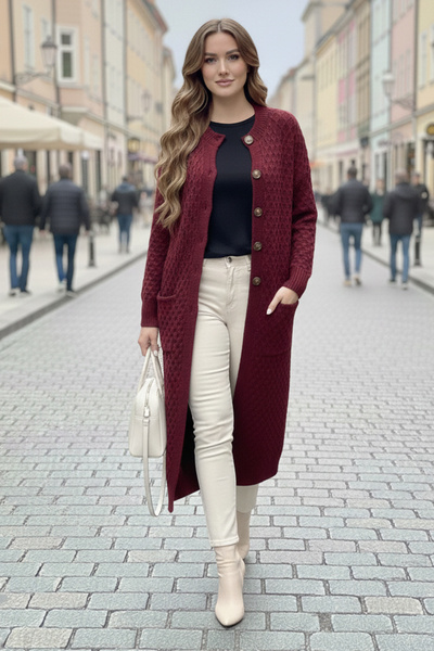 benguen Patterned Long Knit Cardigan with Pockets R4278 Burgundy