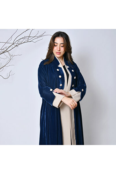 HAWRAA ABAYA Navy blue velvet winter abaya with luxurious buttons – an elegant design from Hawraa Abayas