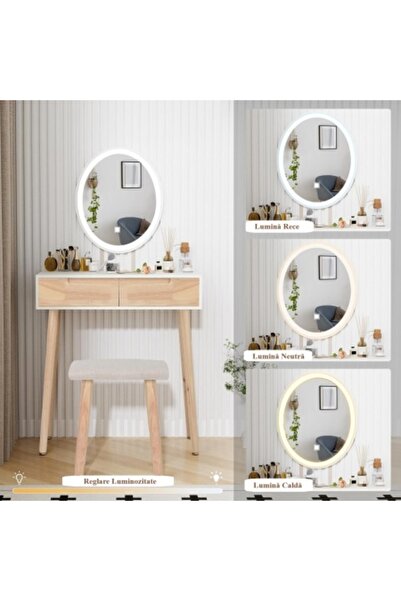 eMobili SEM235 - Dressing table set, 70 cm, cosmetics, makeup, LED mirror, vanity table, upholstered chair