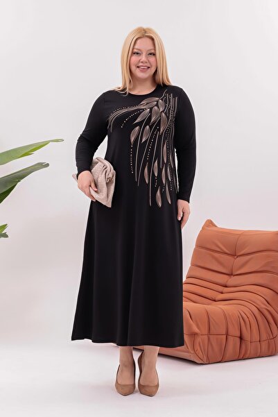 Siyezen Plus Size Leaf Printed Flared Dress