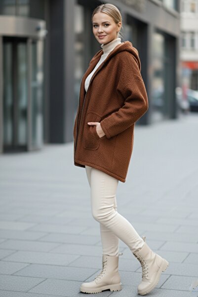 Chiccy Italian Cinnamon Color K Hooded Long Sleeve Casual Boucle O Oversized Woven Jacket with Zipper Pockets 75 80