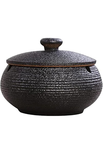 The Bros منفضة سجائر سيراميك مع غطاء، حامل رماد خارجي مقاوم للرياح (أسود)