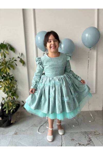 Sare Çocuk Giyim Girl's Turquoise Puffy Bow Detailed Long Sleeve Velvet Dress + Buckle